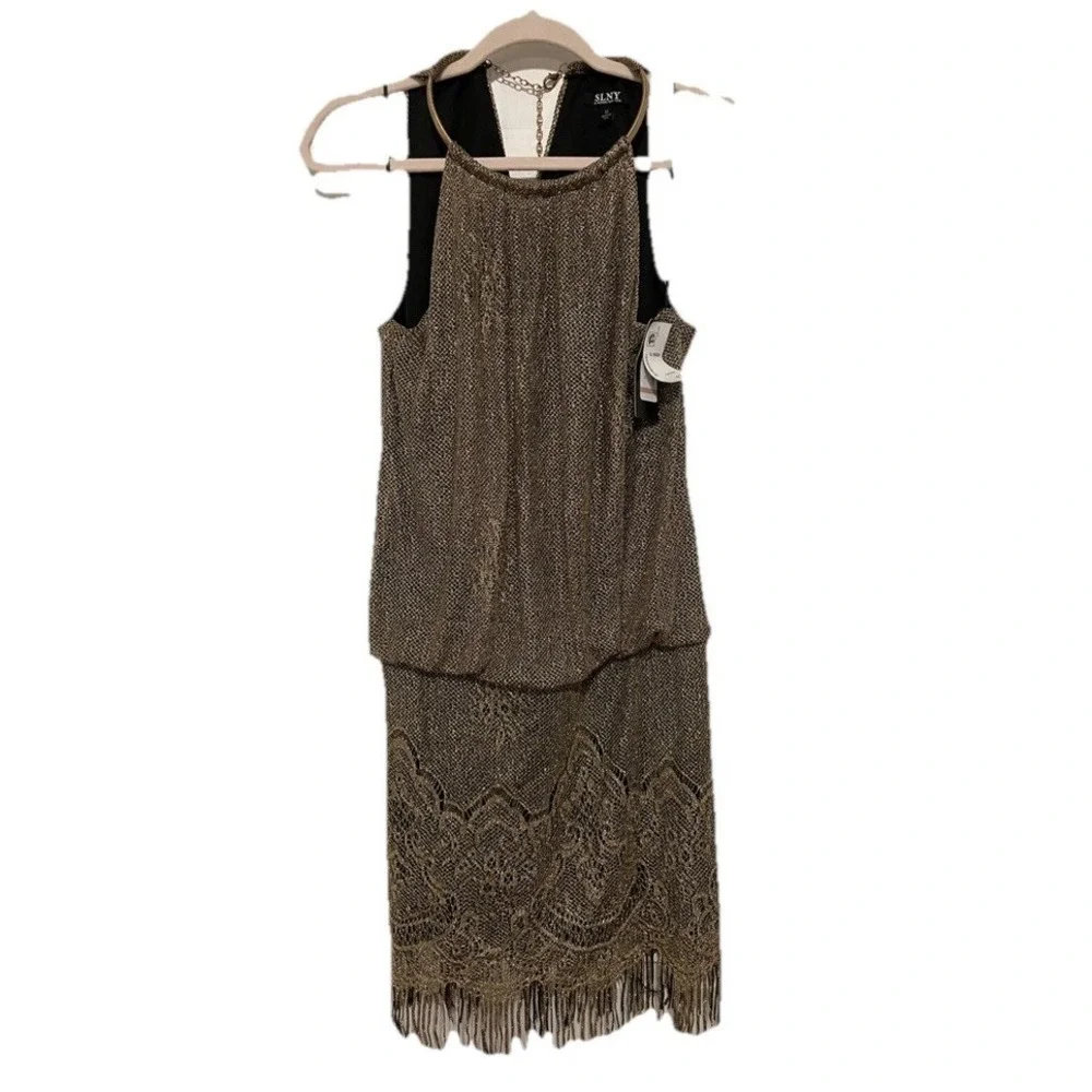 S.L. FASHIONS Women's Blouson  Halter Crochet Dress Flapper Fringe Sz 6 Gold NEW